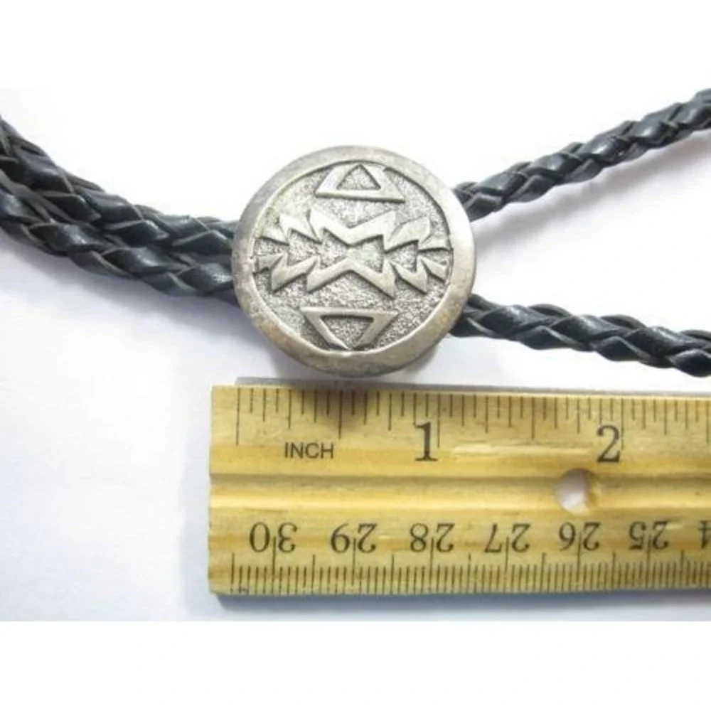 Vintage‎ Bolo Tie Southwest Design Pendant Black Braided Leather Necklace
